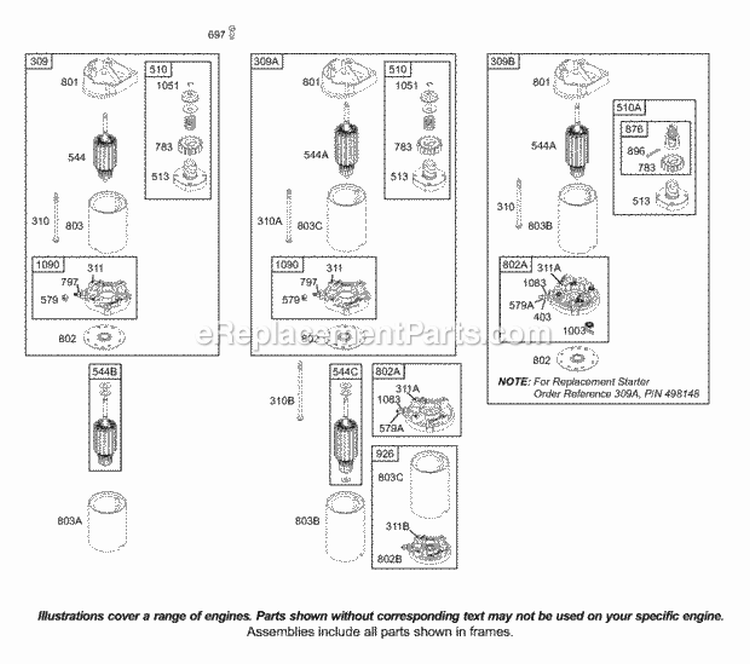 Electric Starter Diagram and Parts List for  Briggs and Stratton Engine